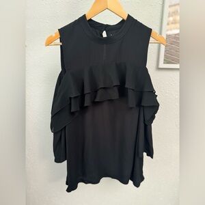 Avec Les Filles - Women Round Neck Ruffle Sleeve Plain Top, Black NWT